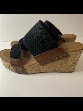 Crown Vintage Black Woven Double Trouble Cork Wedge Sandals Size 9.5